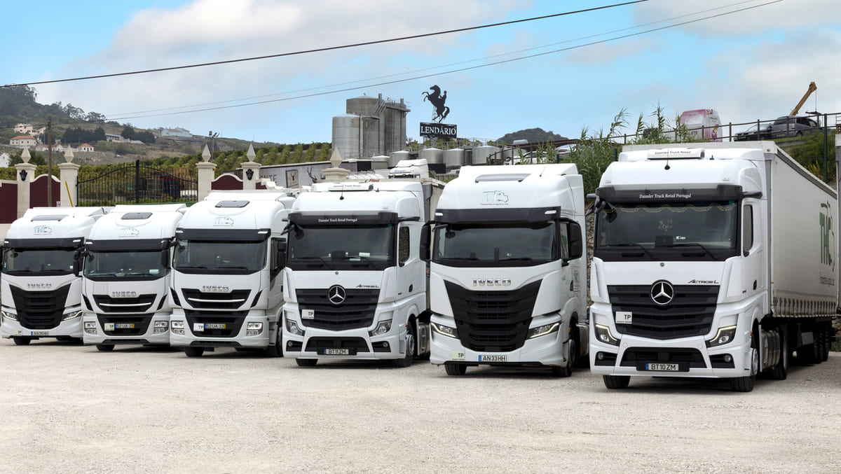 Frota de camiões da THC Transportes preparada para operações de transporte nacional e internacional com máxima eficiência.